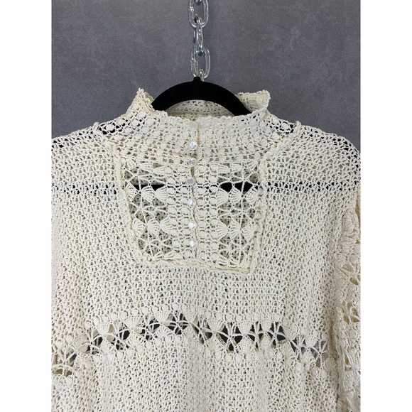 Vintage 1960s Ivory Crochet Puff Sleeve Collared LS Top - Picture 4 of 9